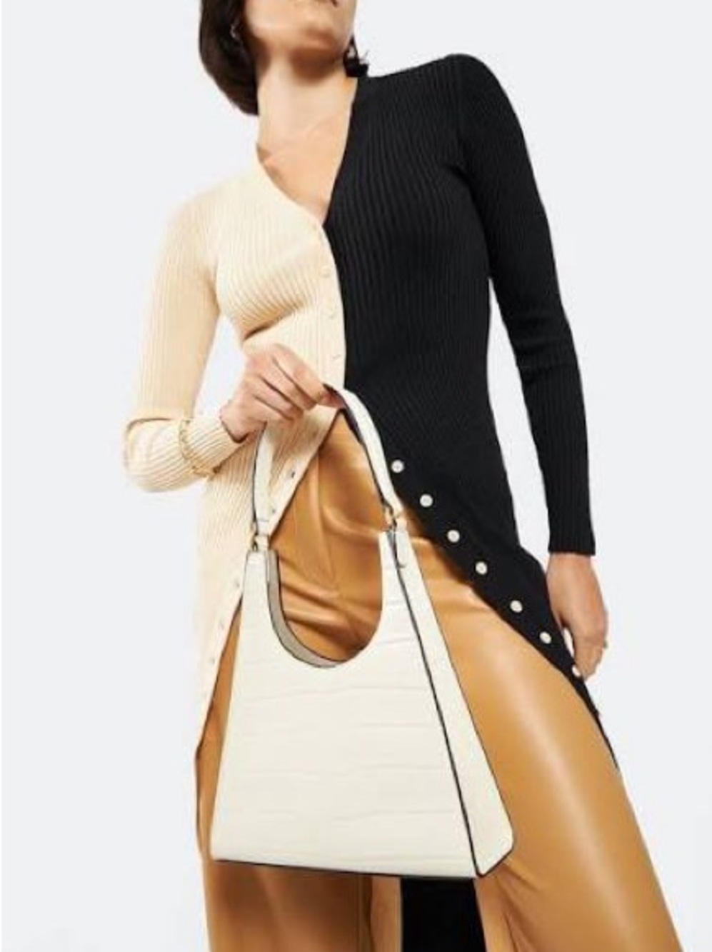 STAUD Cream Rey Croc Leather Shoulder Bag